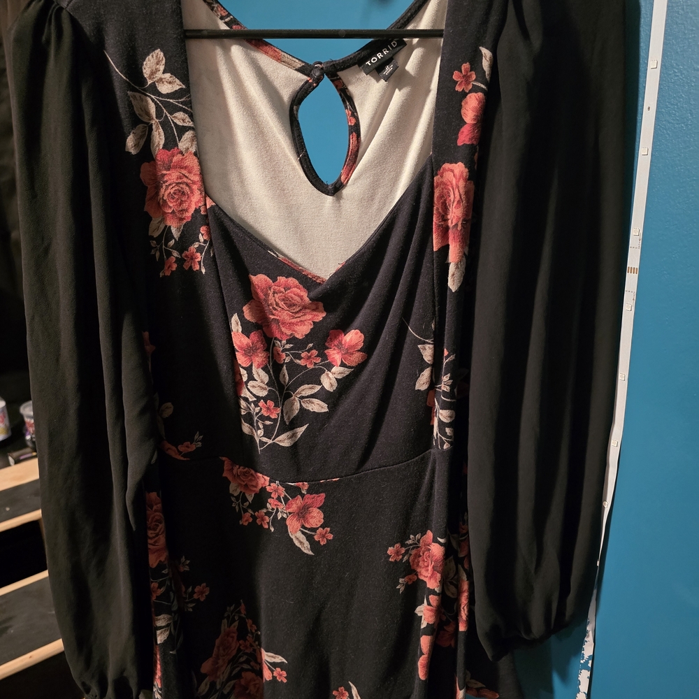 Torrid Black Blouse with Red Floral Pattern
